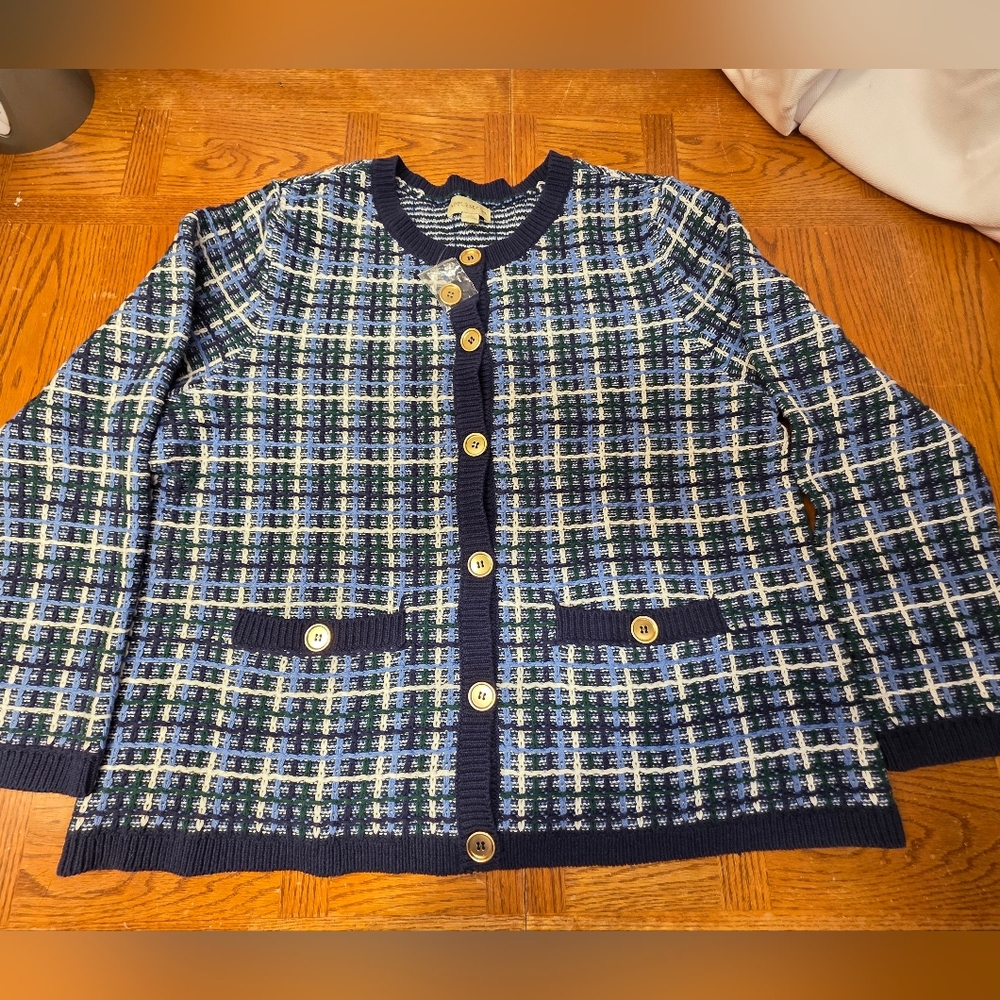 Appleseed's Plaid Button Front Cardigan Sweater Womens XL Plaid Blue Church Trad